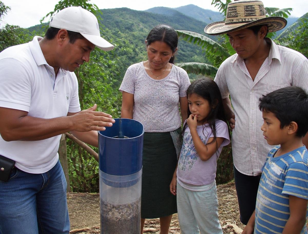 Familia rural conociendo el funcionamiento de un filtro de bioarena